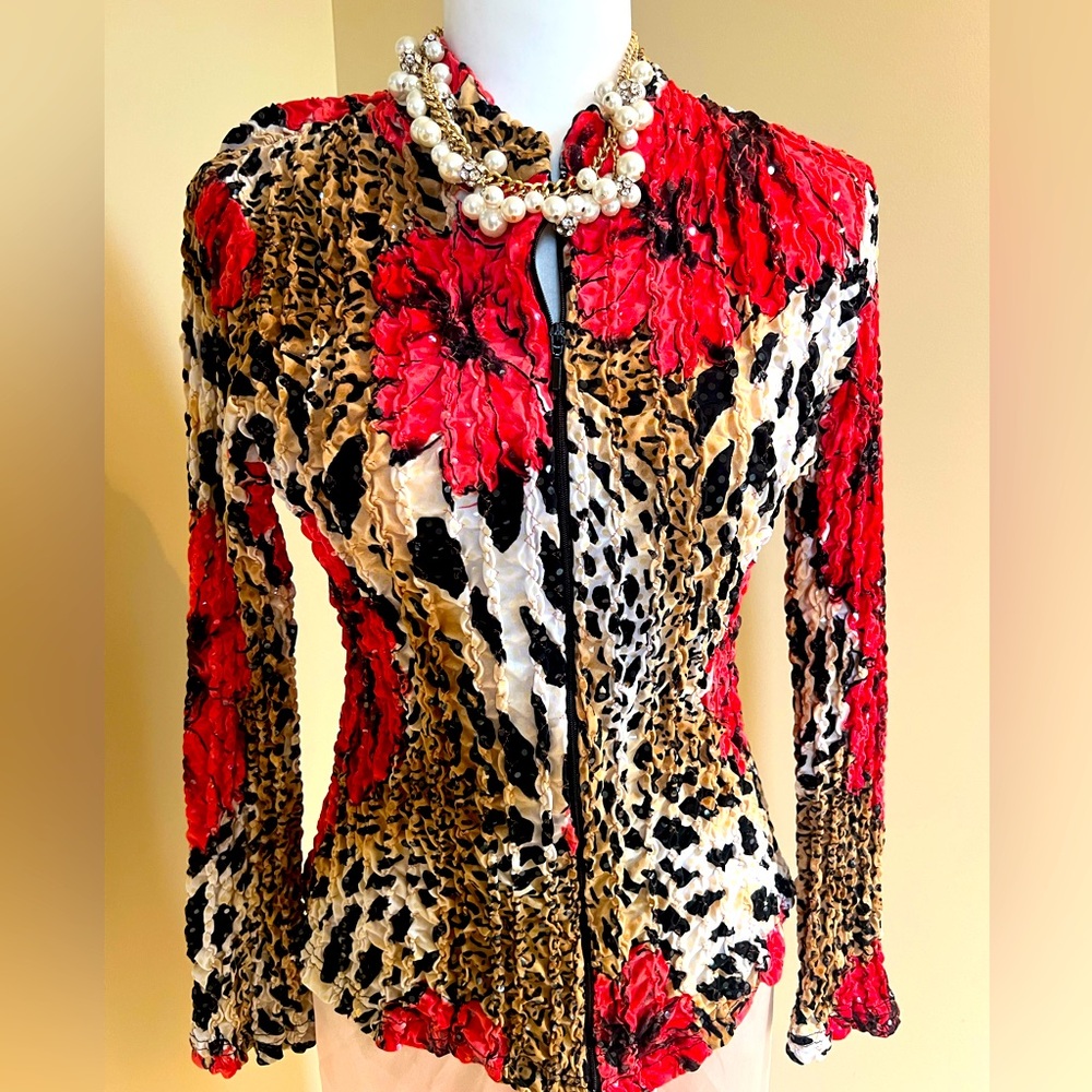Cartise ❤️ Sparkly Leopard 🐆 Stretchy Zip Jacket Blouse XL